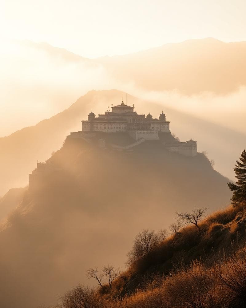 Leh Palace at dawn, wreathed in mist
